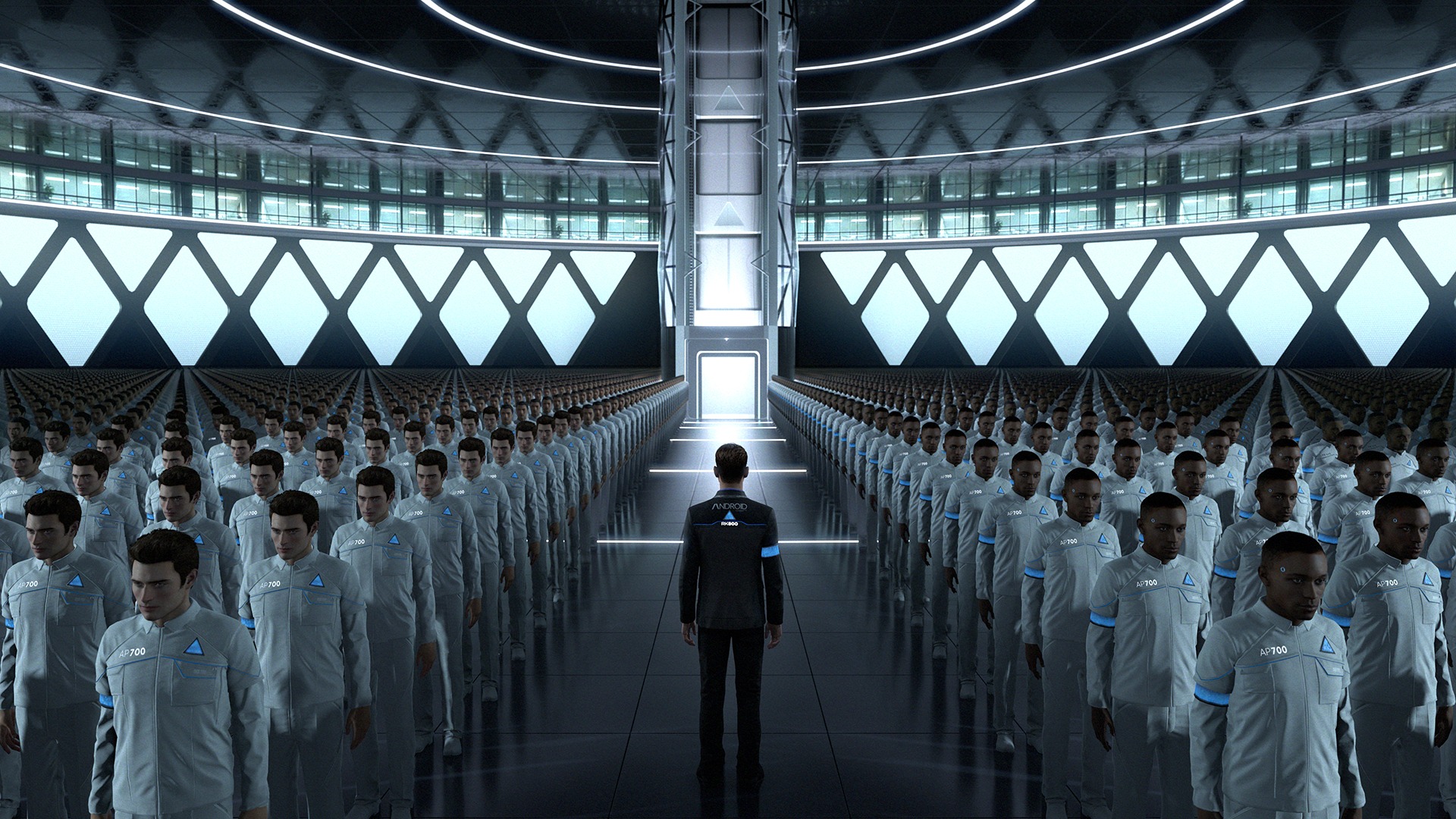 Screenshot from the game "Detroit: Become Human" showing hundreds of Androids