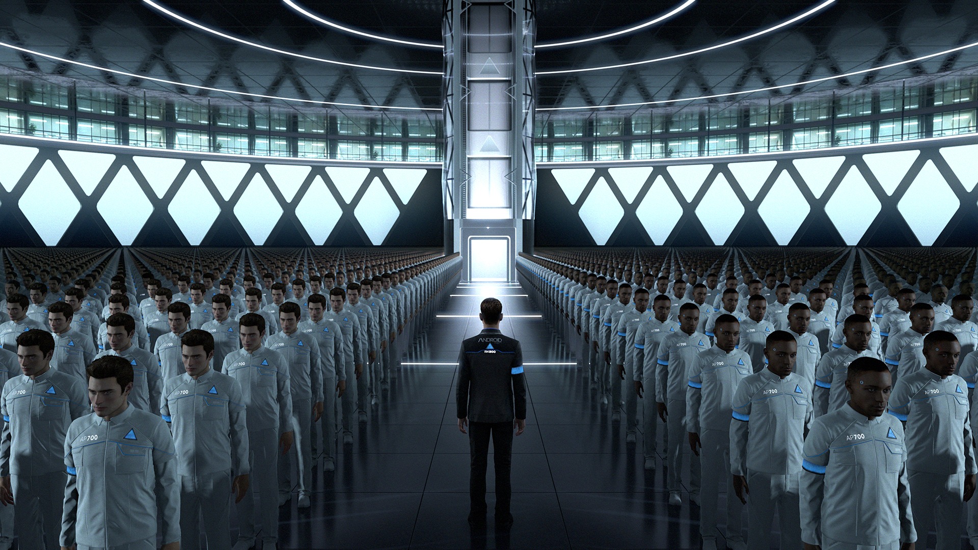 Screenshot from the game "Detroit: Become Human" showing hundreds of Androids. © Epic Games