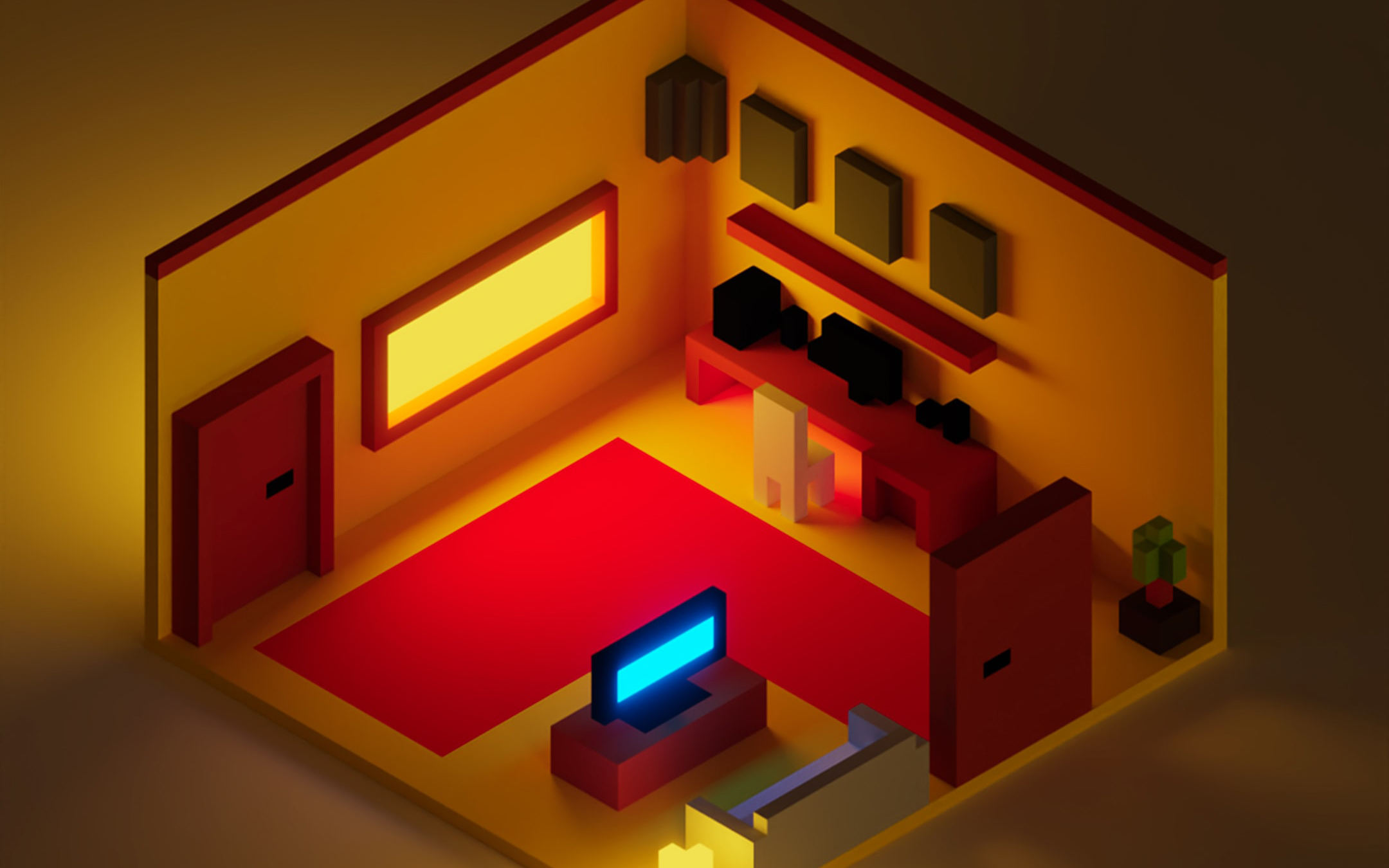 Voxel graphic showing a room with TV