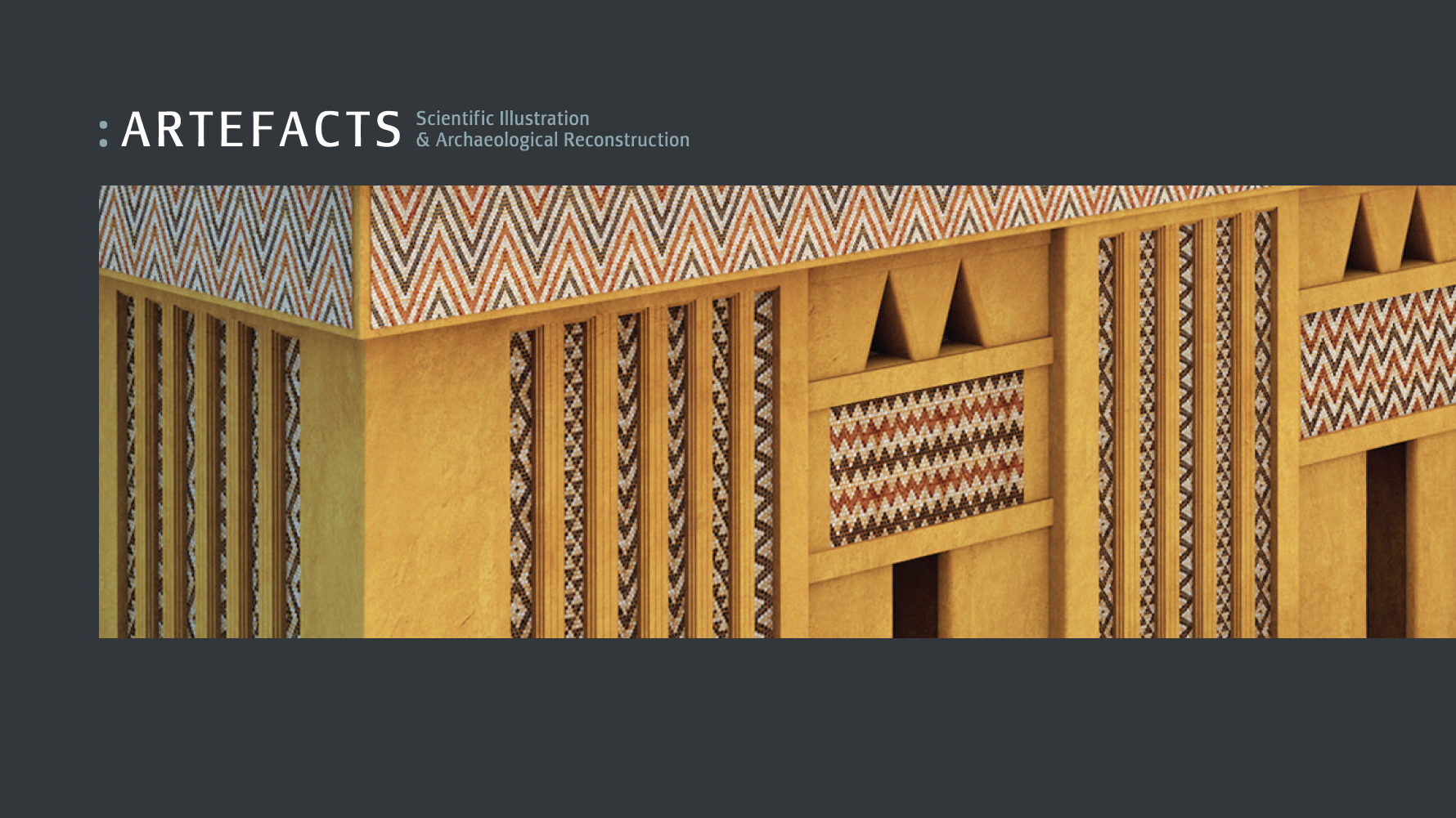 Portfolio page of the company Artefacts showing a cutout of a reconstruction of a Mesopotamian building decorated in detailed patterns of coloured stone-cones.