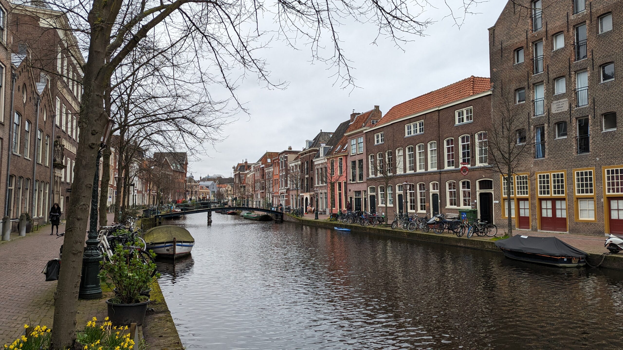 The image shows a small river and residential buildings in Leiden, the Netherlands.